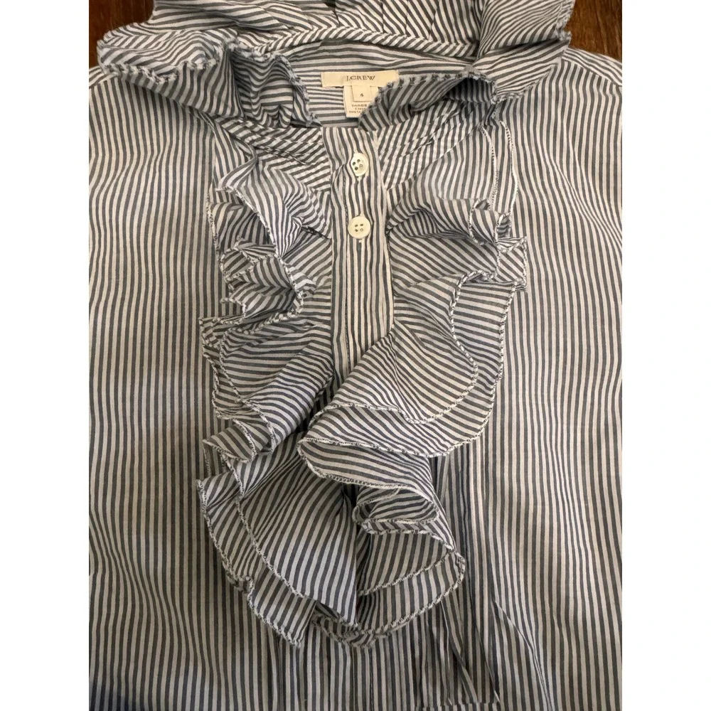 J.Crew Size 4 Blue White Pinstripe Ruffle Front Cotton Button Down Blouse